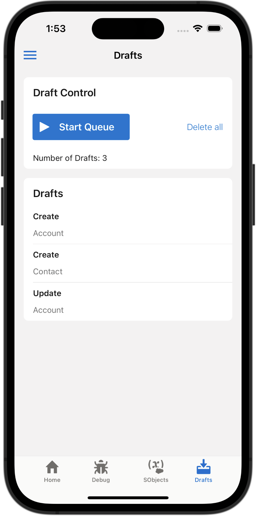 Drafts tab of the Test Harness app, showing Offline Queue management tools, and the contents of the queue
