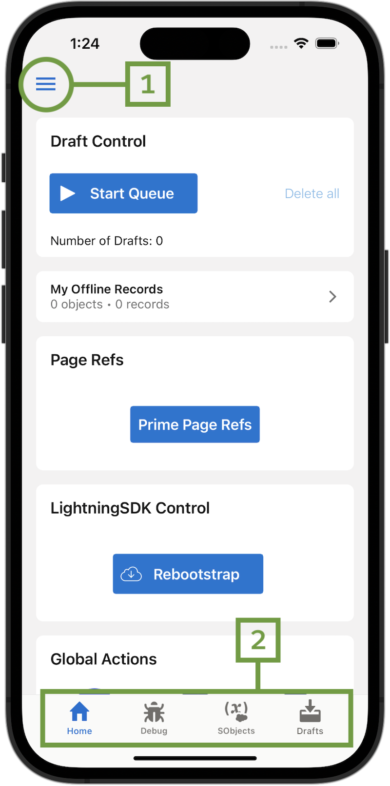 Primary navigation controls in the Test Harness app
