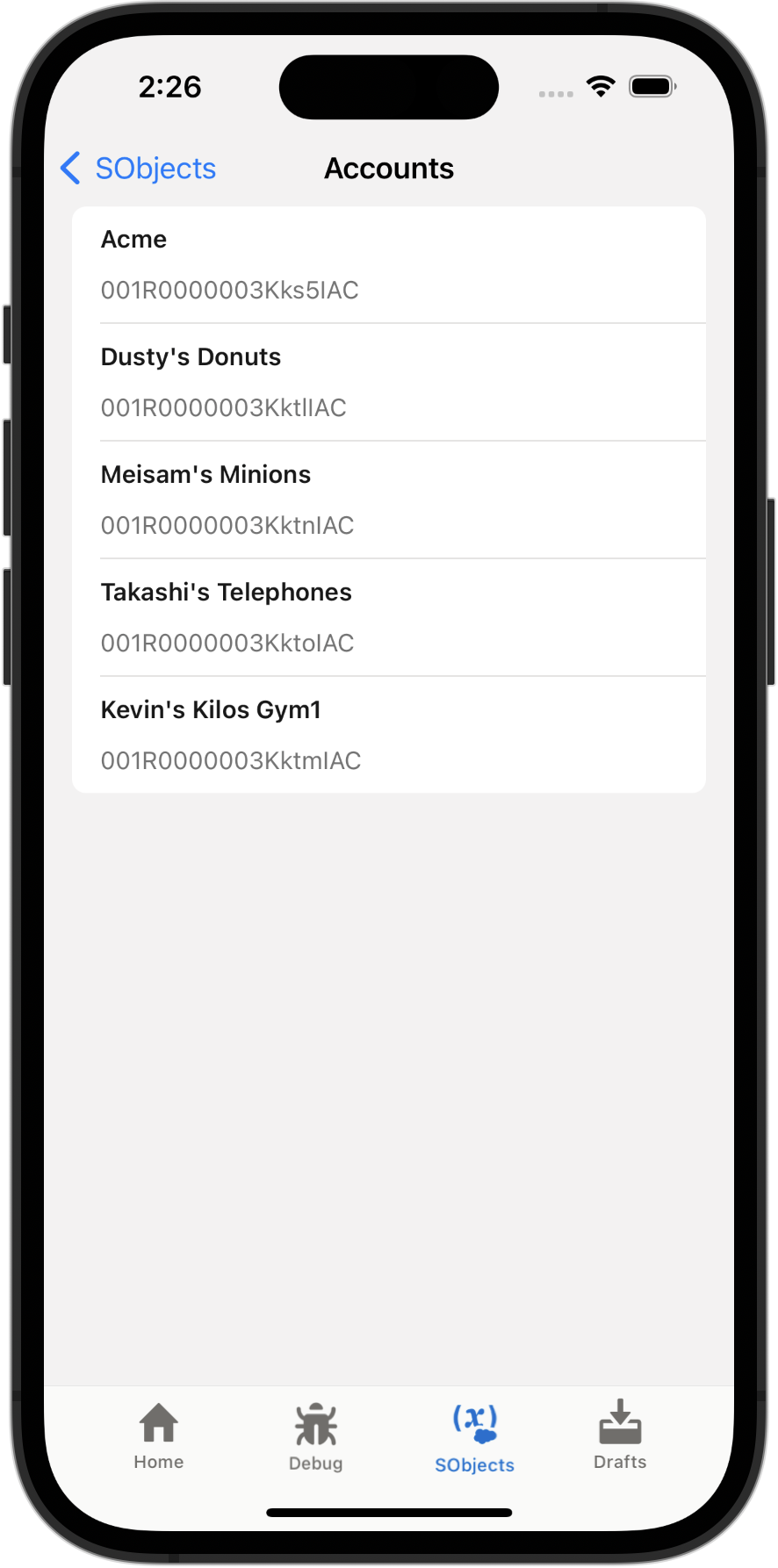 SObjects tab of the Test Harness app, showing a list of Account records in an org