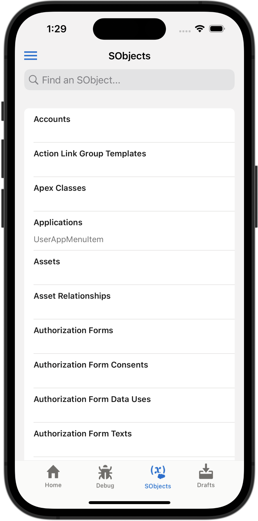 SObjects tab of the Test Harness app, showing a list of objects in an org