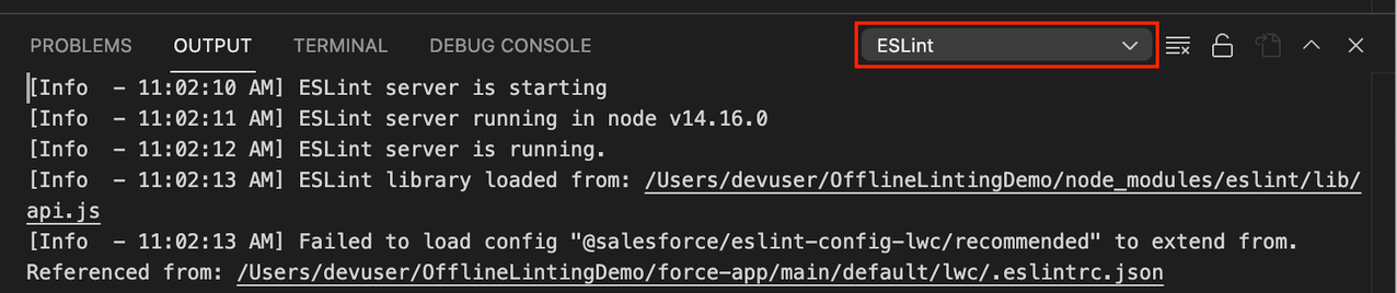 ESLint console output in VS Code, showing an installation error.