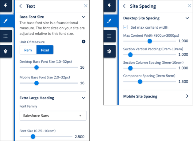 Text and Site Spacing menu