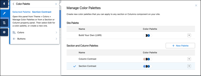Color Palette theme panel and Manage Color Palettes panel