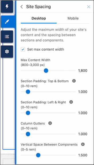 Site Spacing panel