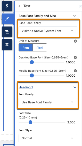 The Text panel in Experience Builder Themes