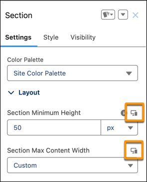 Section property panel, showing screen-responsive icon