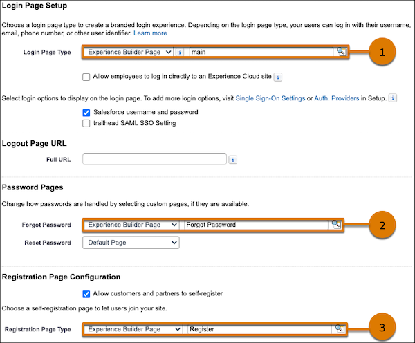 Login page, Forgot Password Page, and Registration page selection.
