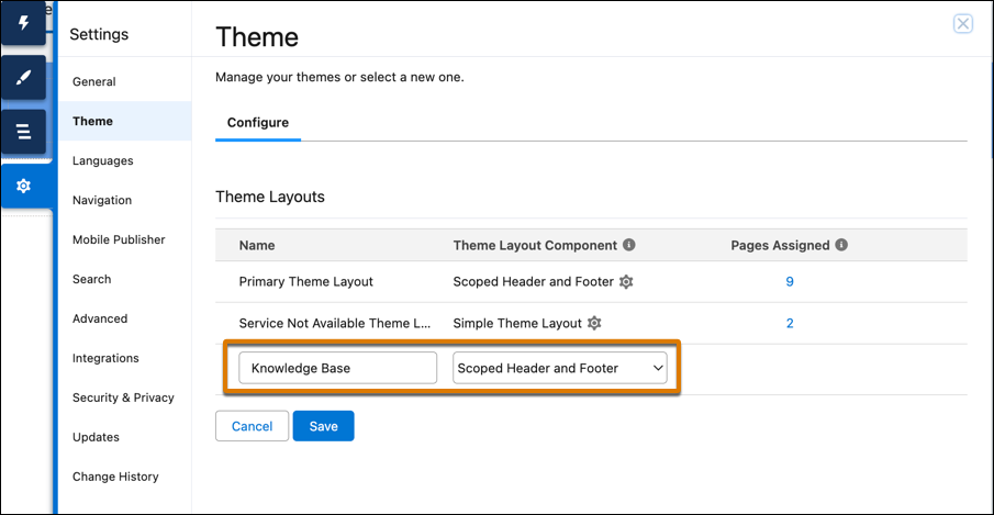 Theme panel in Experience Builder showing Theme Layouts