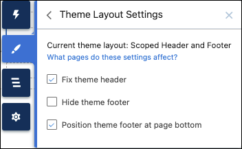 Theme Layout Settings panel in the Experience Builder Theme tab