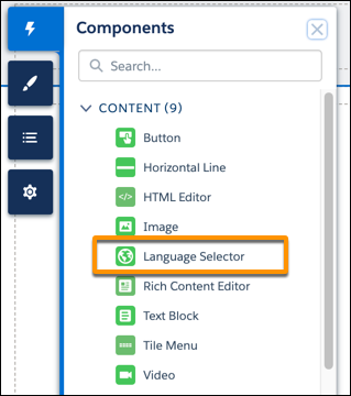 Component panel in Experience Builder, highlighting the Language Selector component