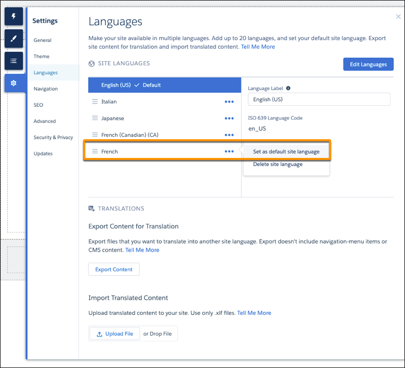 Actions menu for a language on the Site Languages list on the Languages panel, highlighting Set as default site language