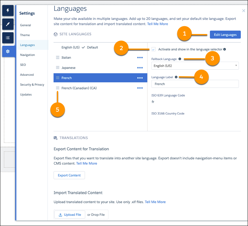 Languages page in Experience Builder Settings