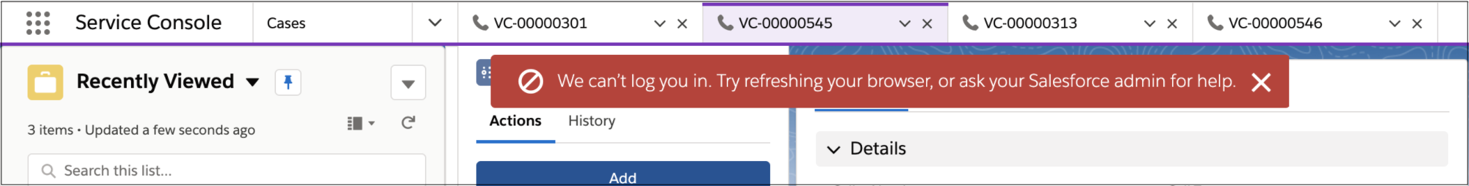 Service console with login error