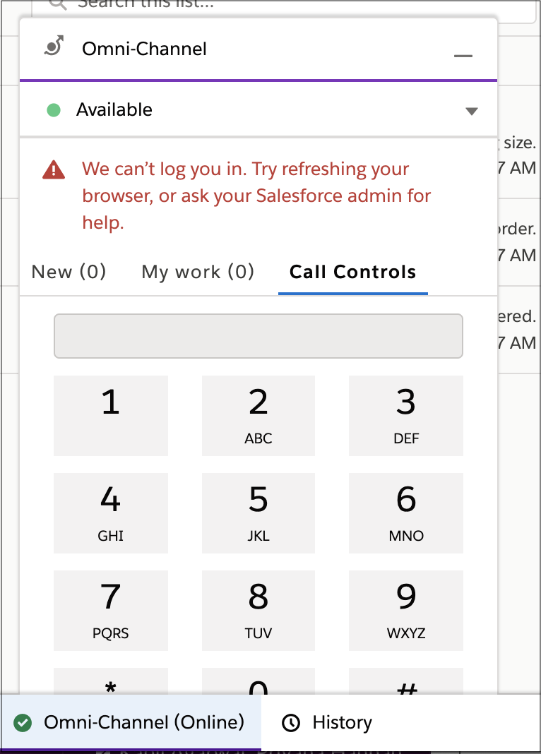Omni phone interface with login error