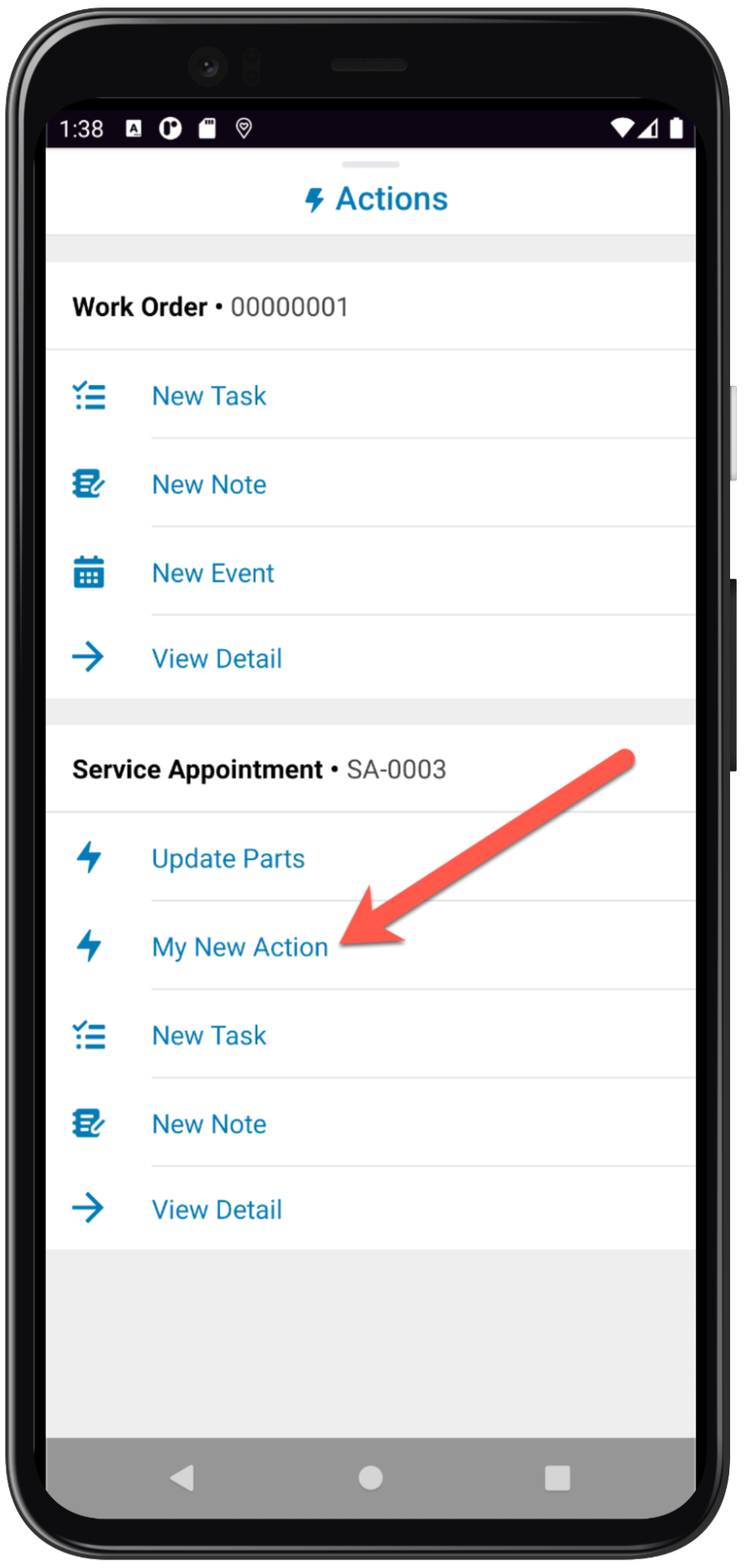 Actions menu on Android, with new LWC custom action