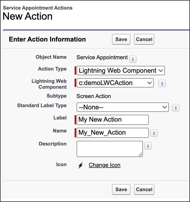Create a new action with an Action Type of Lightning Web Component, and your new component