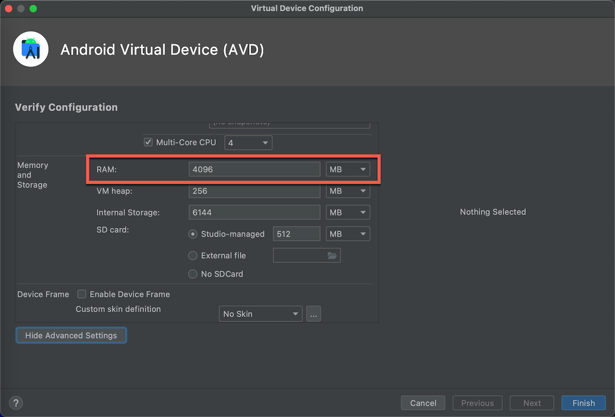 Android Studio virtual device configuration panel, memory and storage settings