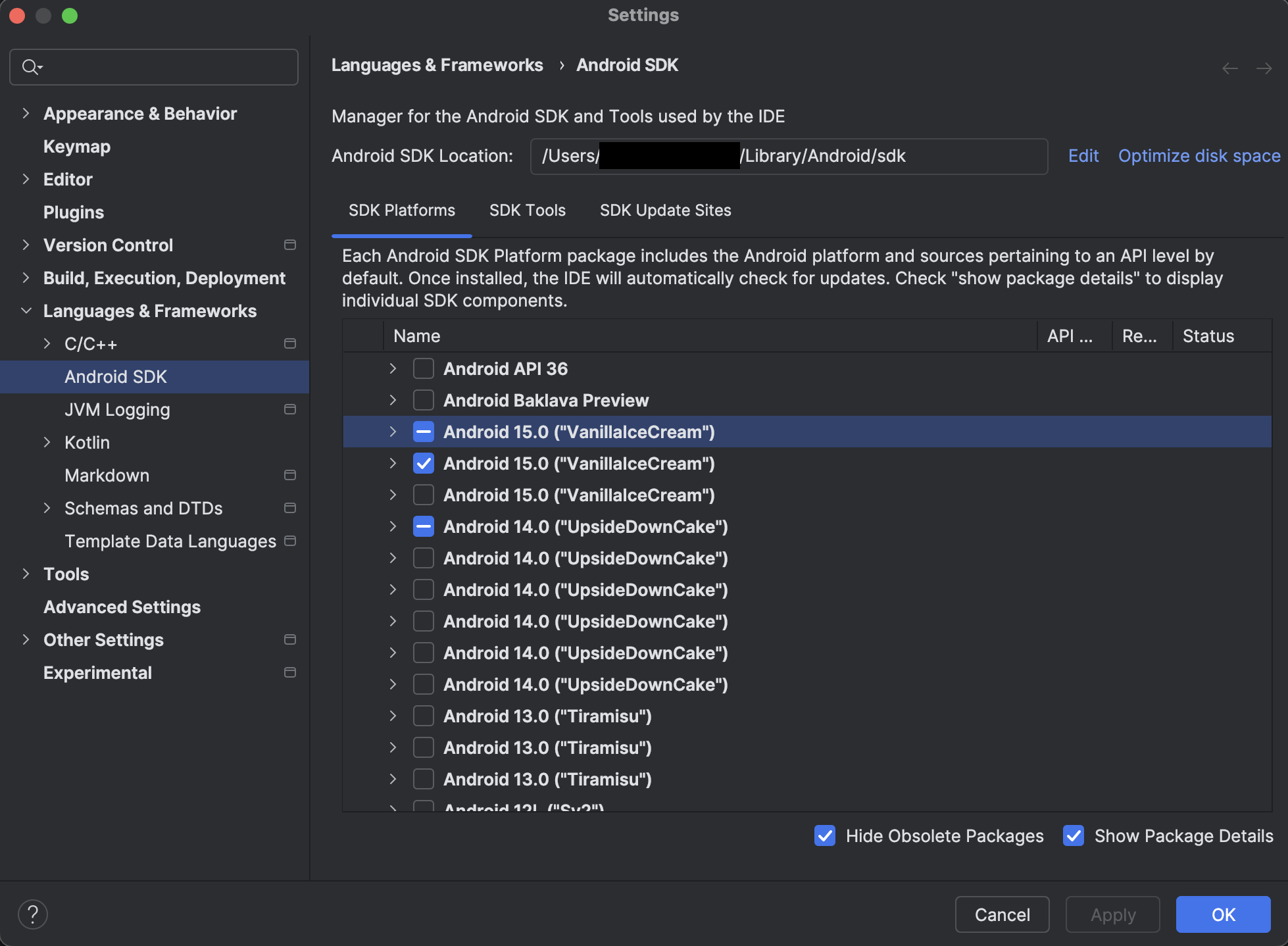 List of Android SDK platforms in Android Studio Preferences