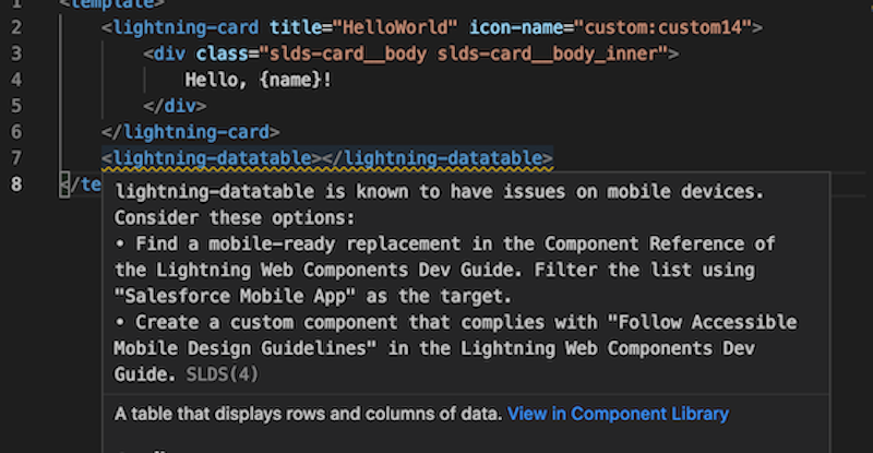 Validation warning message for a base component