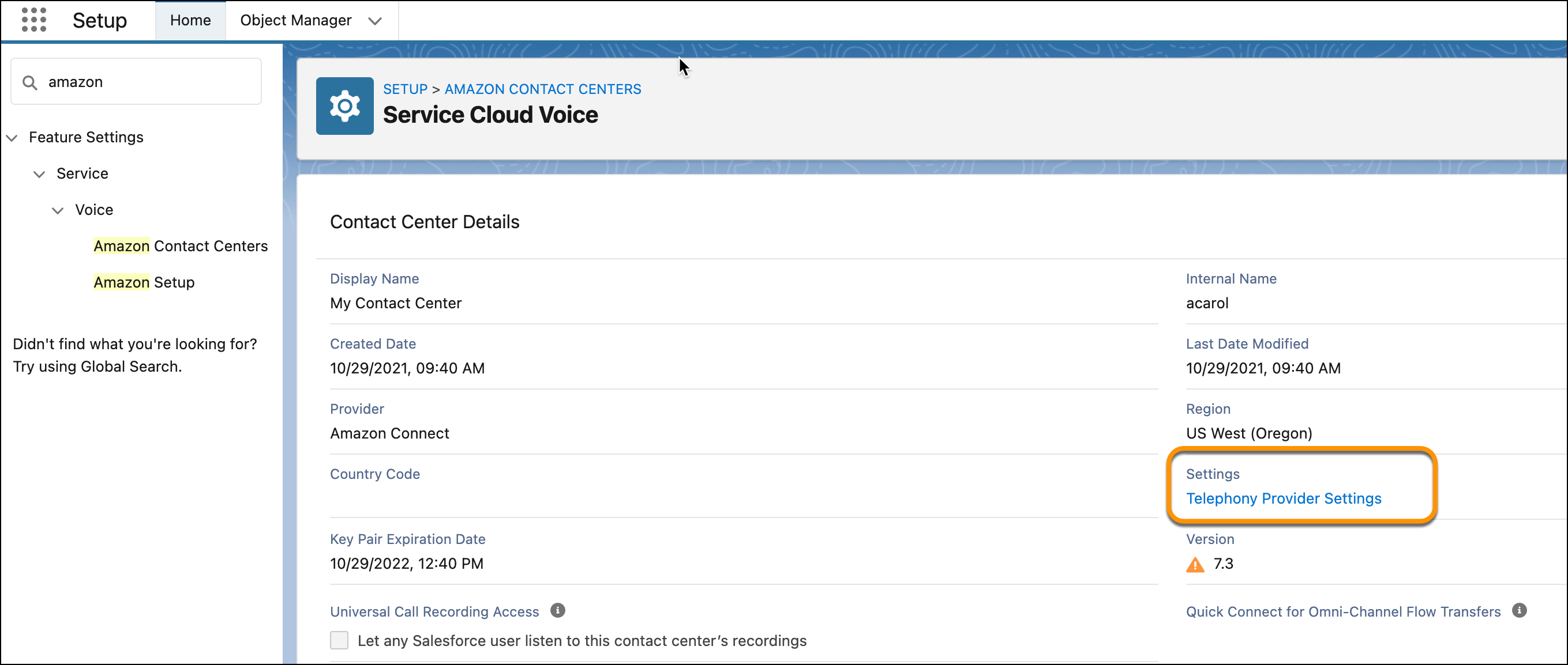 The contact center page shows the Telephony Provider Settings link.