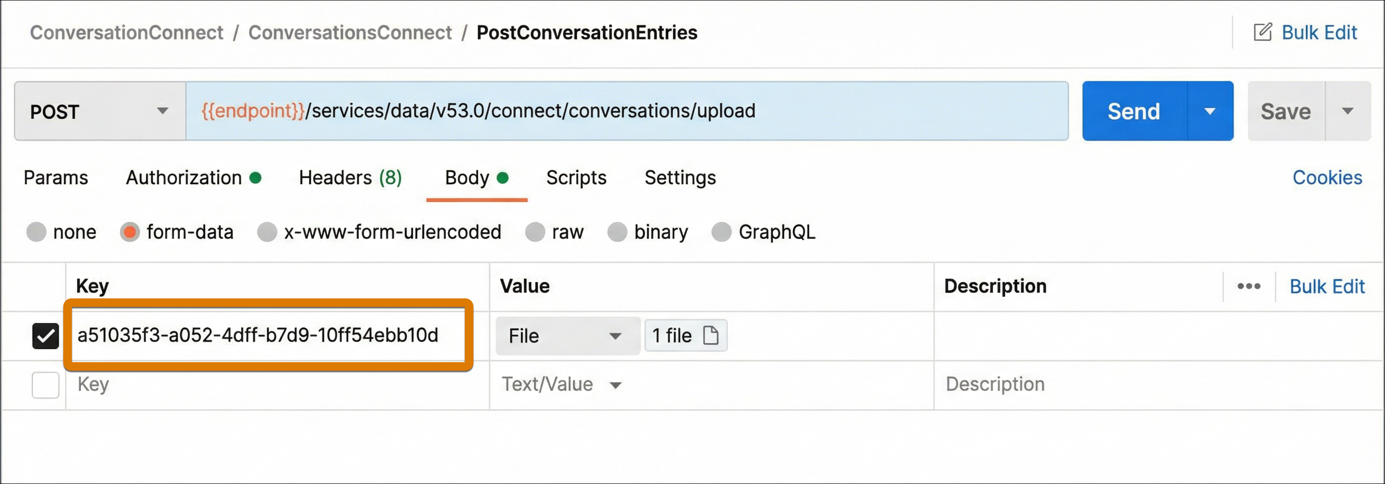 Postman test of Upload Transcripts API with Body selected and a Key highlighted with a conversationId example