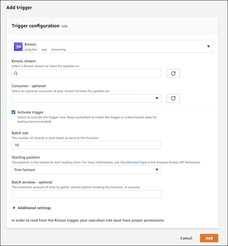 Amazon Kinesis trigger configuration