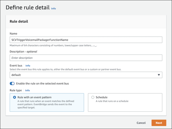Amazon EventBridge define event pattern for VoiceMailPackagingFunction rule