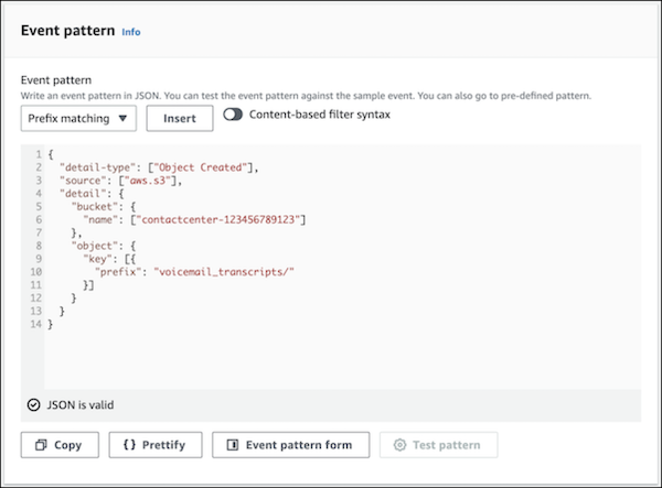 Amazon EventBridge define event pattern for VoiceMailPackagingFunction rule