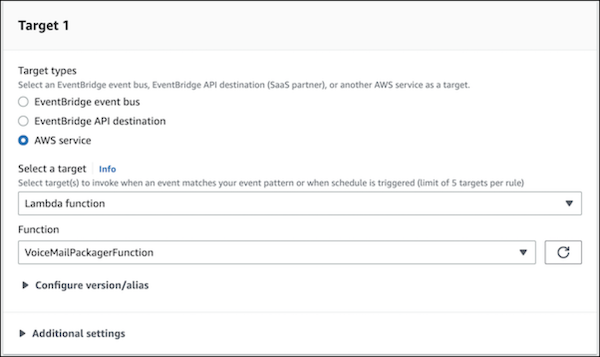 Amazon EventBridge add Lambda function to VoiceMailPackagingFunction rule