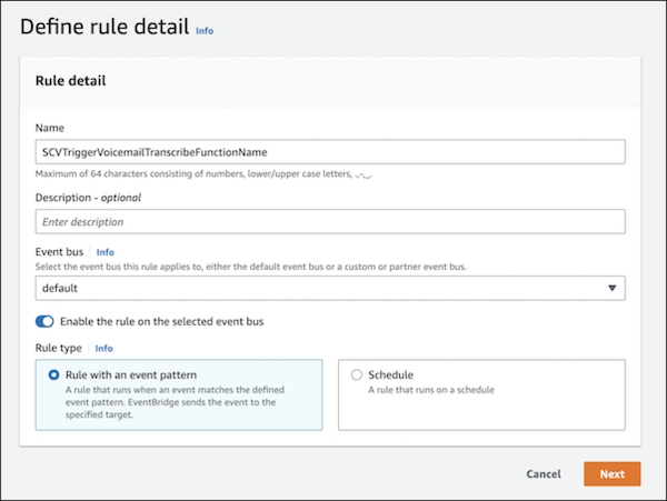 Amazon EventBridge define VoiceMailTranscribeFunction rule