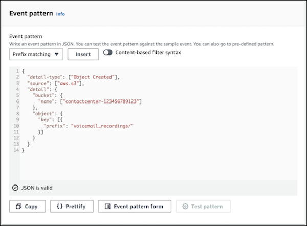 Amazon EventBridge define event pattern for VoiceMailTranscribeFunction rule