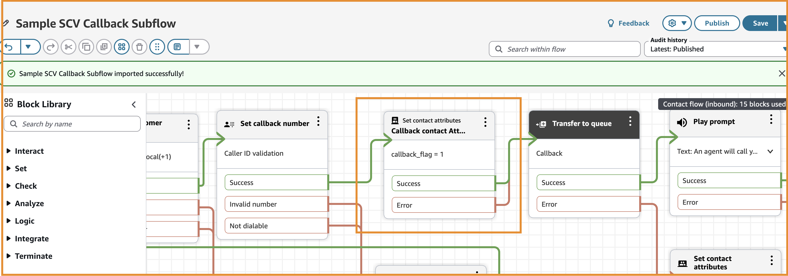 The SCV Callback subflow with the Callback Contact Attribute block