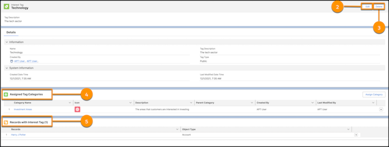 A representation of modify and delete Interest Tags on the Lightning Component screen.