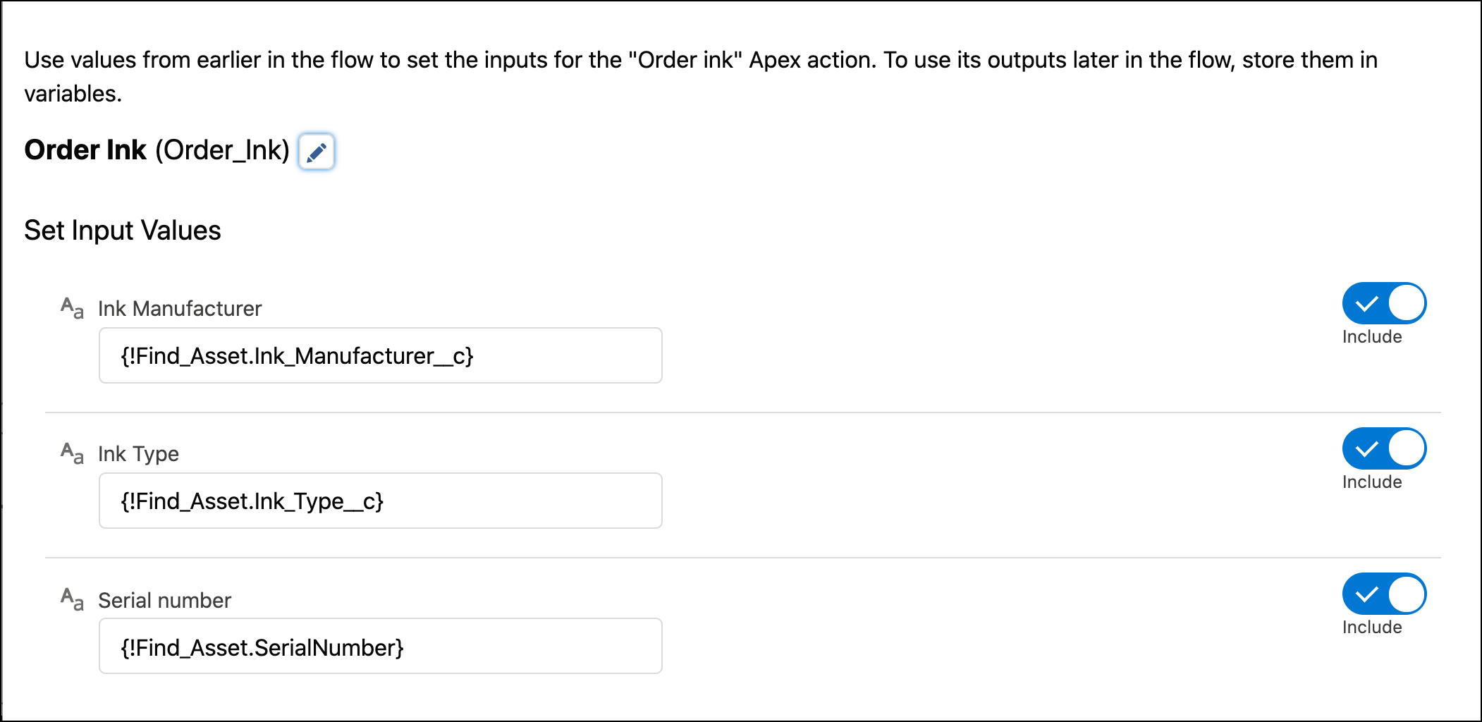 Apex action that orders ink