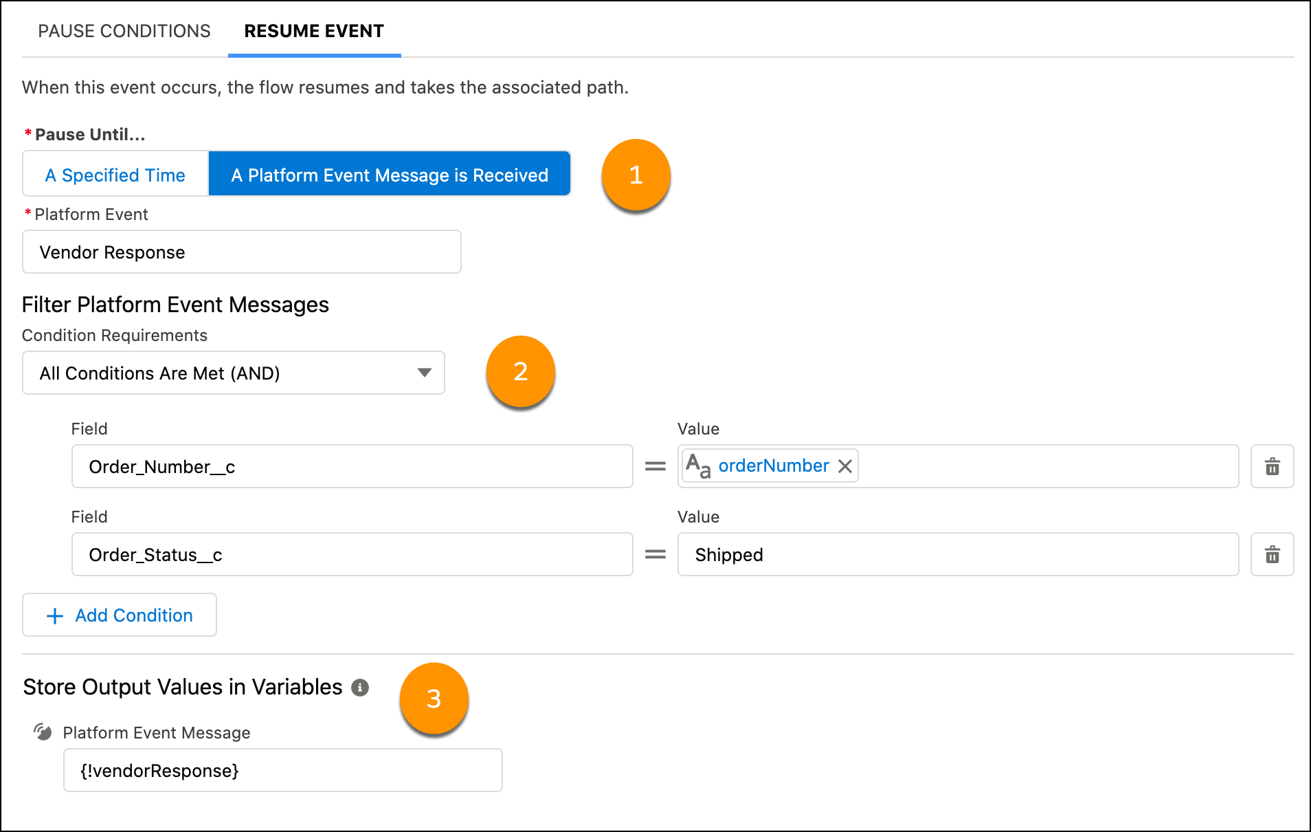 Screenshot of resume event configuration