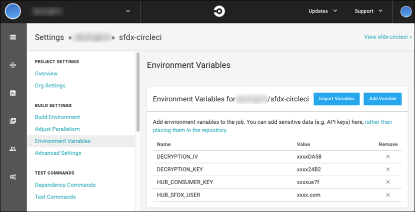 CircleCI project environment variables example.
