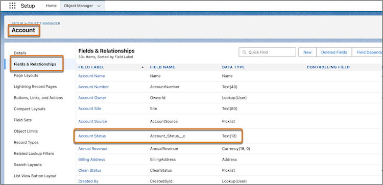 Salesforce UI showing Object Manager open to Account with a new custom field called Account Status.