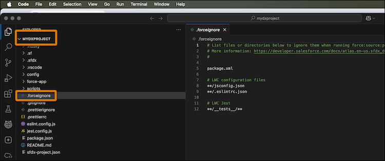 VS Code showing the open mydxproject project, with the .forceignore file open in editor.