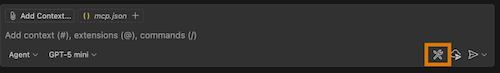 VS Code Copilot chat window with Configure Tools button highlighted
