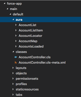 Screenshot of aura directory in a Salesforce DX project.
