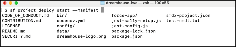 zsh terminal showing autocomplete suggestions for 'sf project deploy start --manifest <TAB>'.