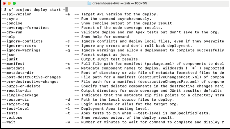 zsh terminal showing autocomplete suggestions for 'sf project deploy start - <TAB>'.