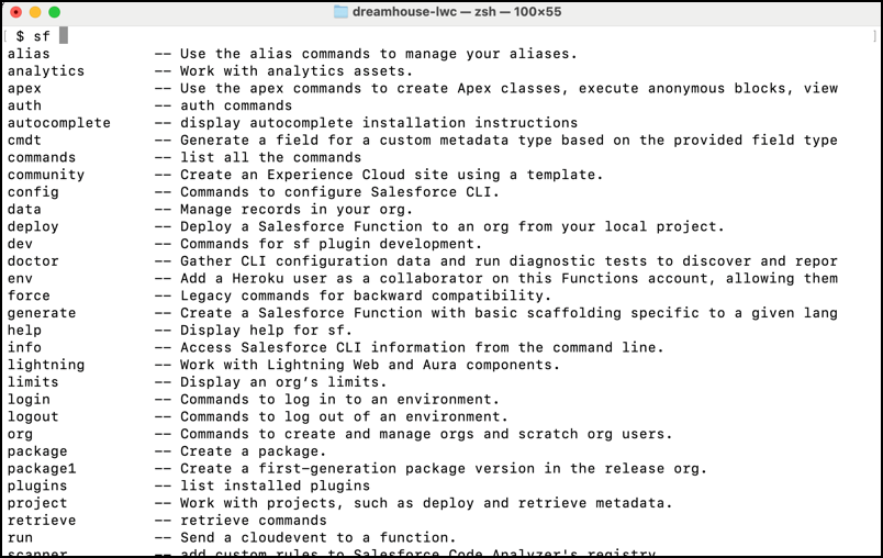zsh terminal showing autocomplete suggestions for 'sf <TAB>'.