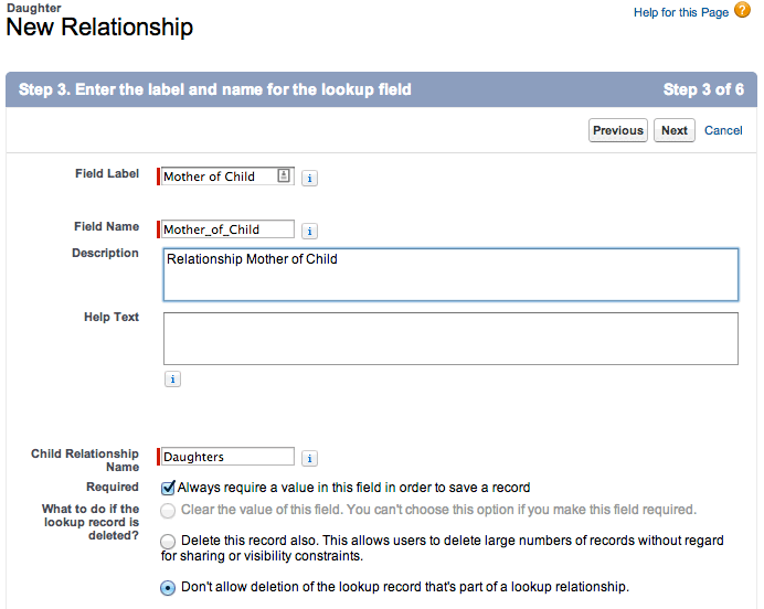 Step 3 of the New Custom Relationship wizard. The Field Label field is set to "Mother of Child" and the Child Relationship Name field is set to "Daughters."