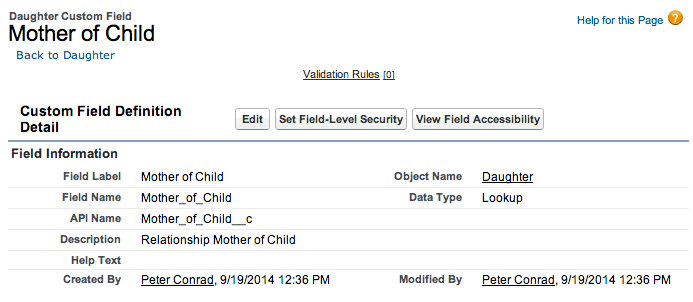 The detail page for the Mother of Child custom field