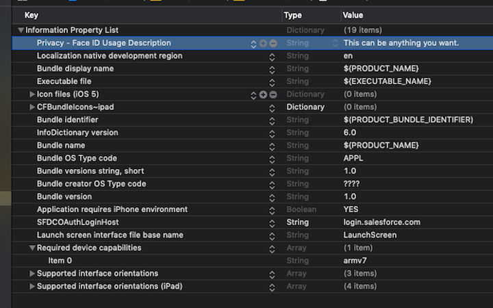Face ID configuration in the app's plist