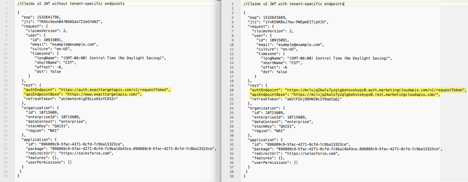Example Claims v2 JWT before without tenant-specific endpoints and after with tenant-specific endpoints
