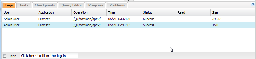 既存のデバッグログの一覧が表示された [Logs (ログ)] パネル