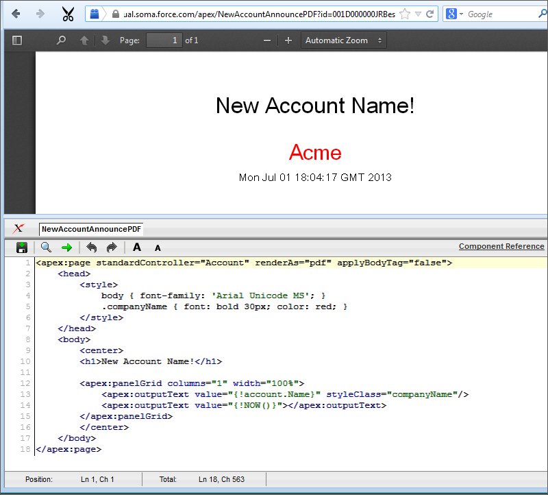 PDF として表示された Visualforce ページ