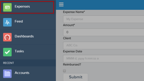 Salesforce1 に [Expenses (経費)] メニュー項目が表示されます。